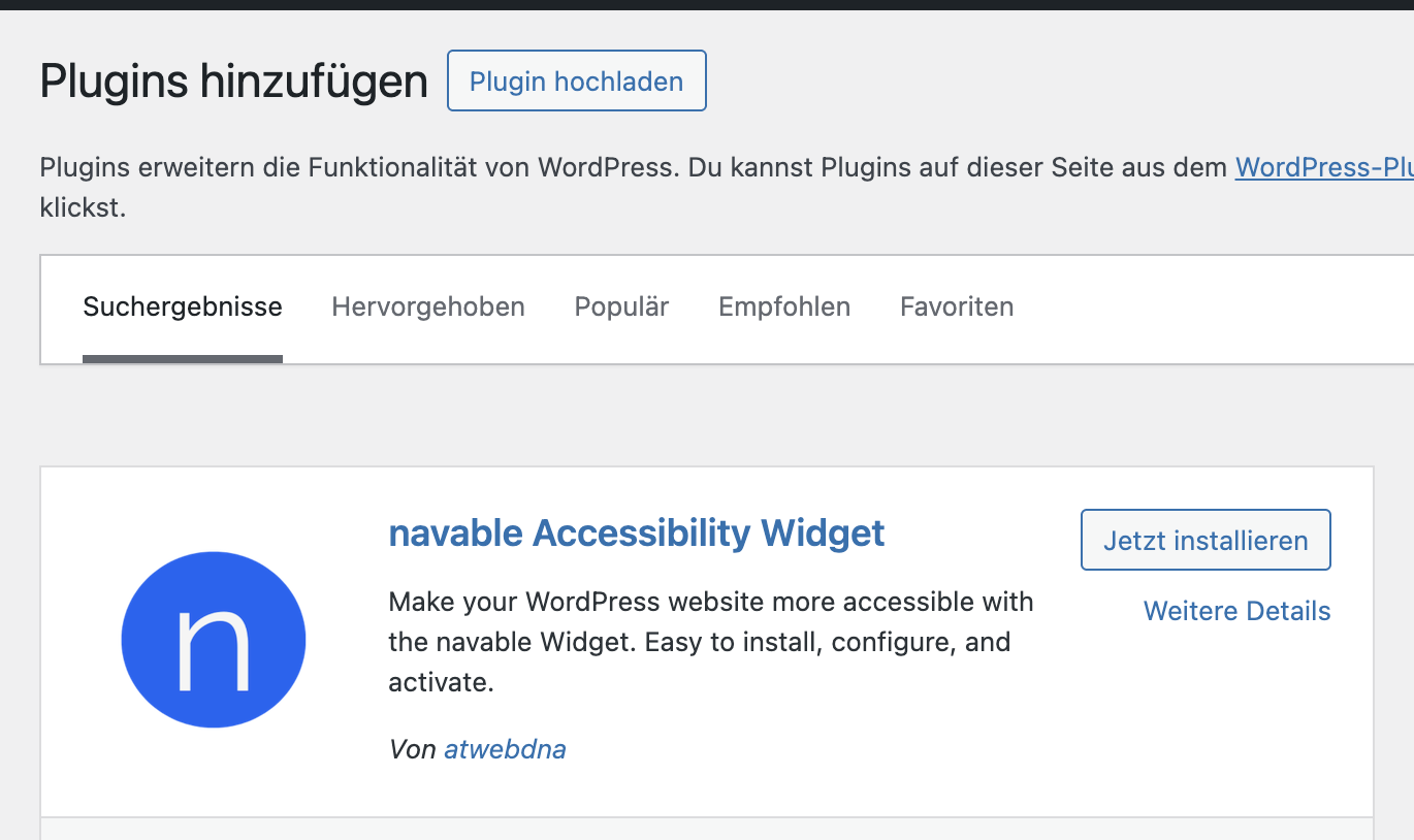 WordPress Plugin-Verzeichnis zeigt das navable Accessibility Widget in den Suchergebnissen mit Installieren-Button