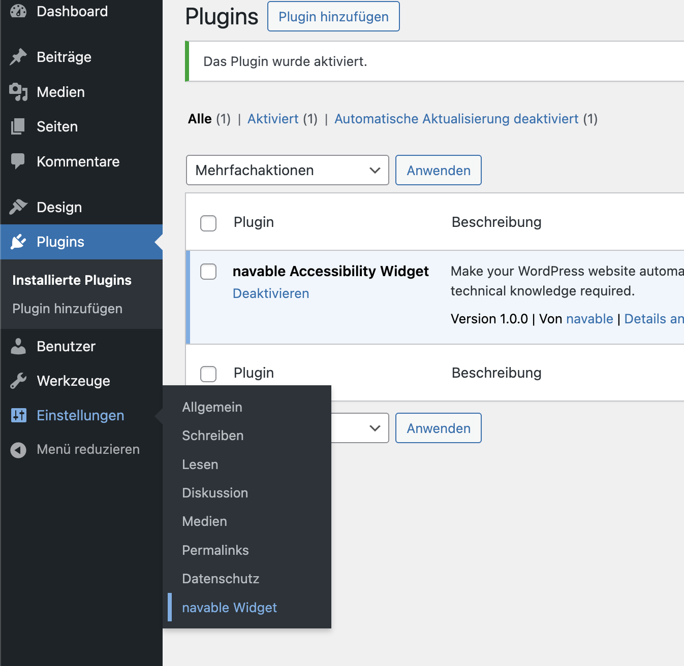 navable Widget Einstellungsseite im WordPress Admin mit Aktivierungsoptionen und Feature-Konfiguration Checkboxen