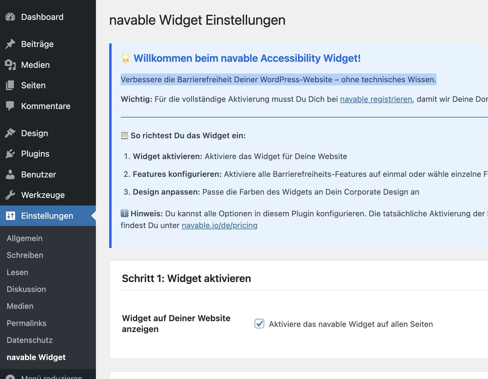 navable Barrierefreiheits-Widget auf einer Website mit sichtbaren Barrierefreiheitsoptionen und Bedienungselementen